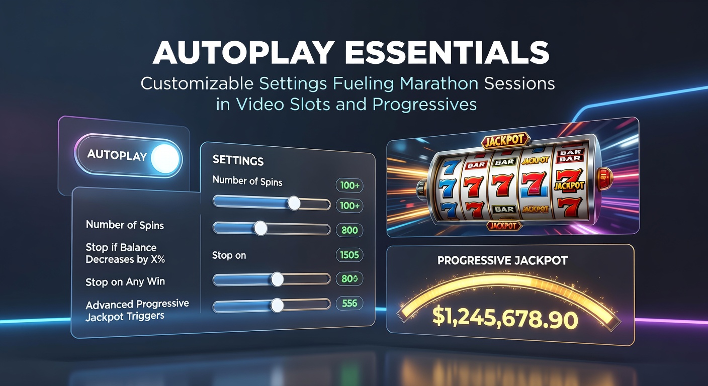 Close-up of a video slot machine screen displaying autoplay settings menu with options like stop on win, loss limit, and spin count, highlighting customizable controls during a progressive jackpot buildup