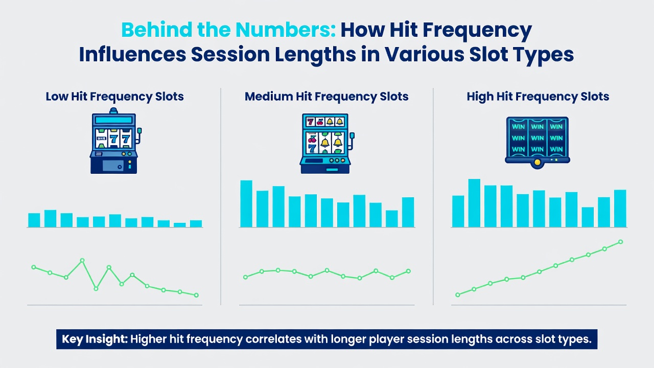 Graph showing session length data correlated with hit frequency percentages across multiple slot machine types