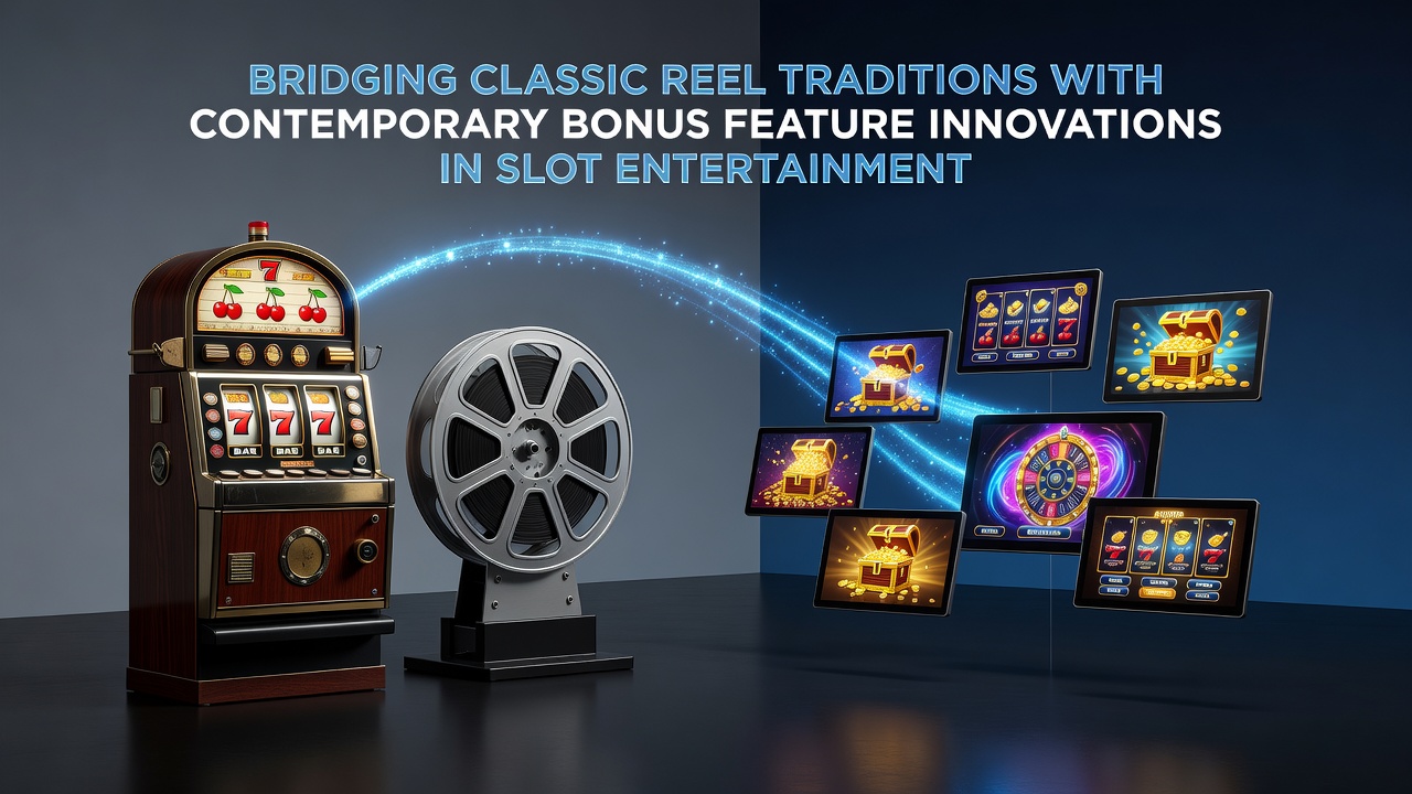 Vintage mechanical slot reels displayed next to a contemporary digital slot interface showing bonus elements