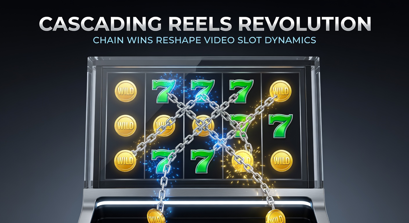 Vibrant video slot screen showing cascading reels in action with symbols tumbling down after a chain win
