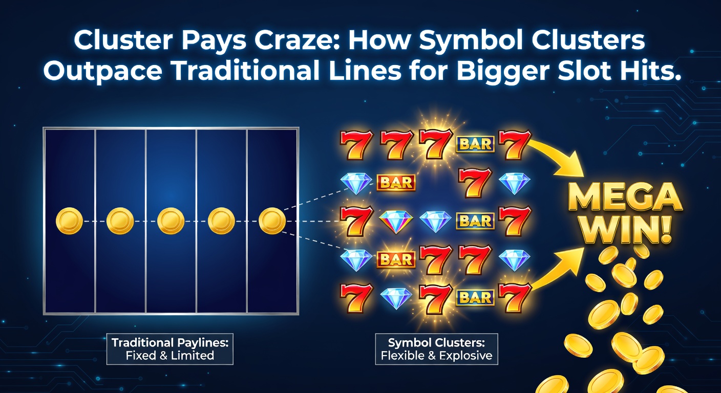 Vibrant slot screen showing a massive cluster of matching symbols exploding into a huge win, with coins cascading down