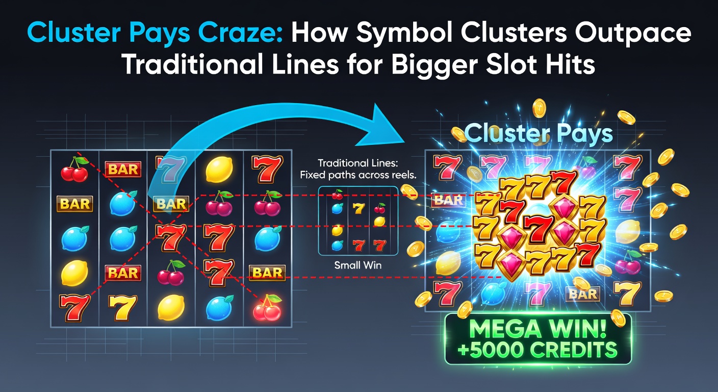 Close-up of a slot grid with colorful symbol clusters forming, multipliers stacking, and a jackpot meter filling rapidly