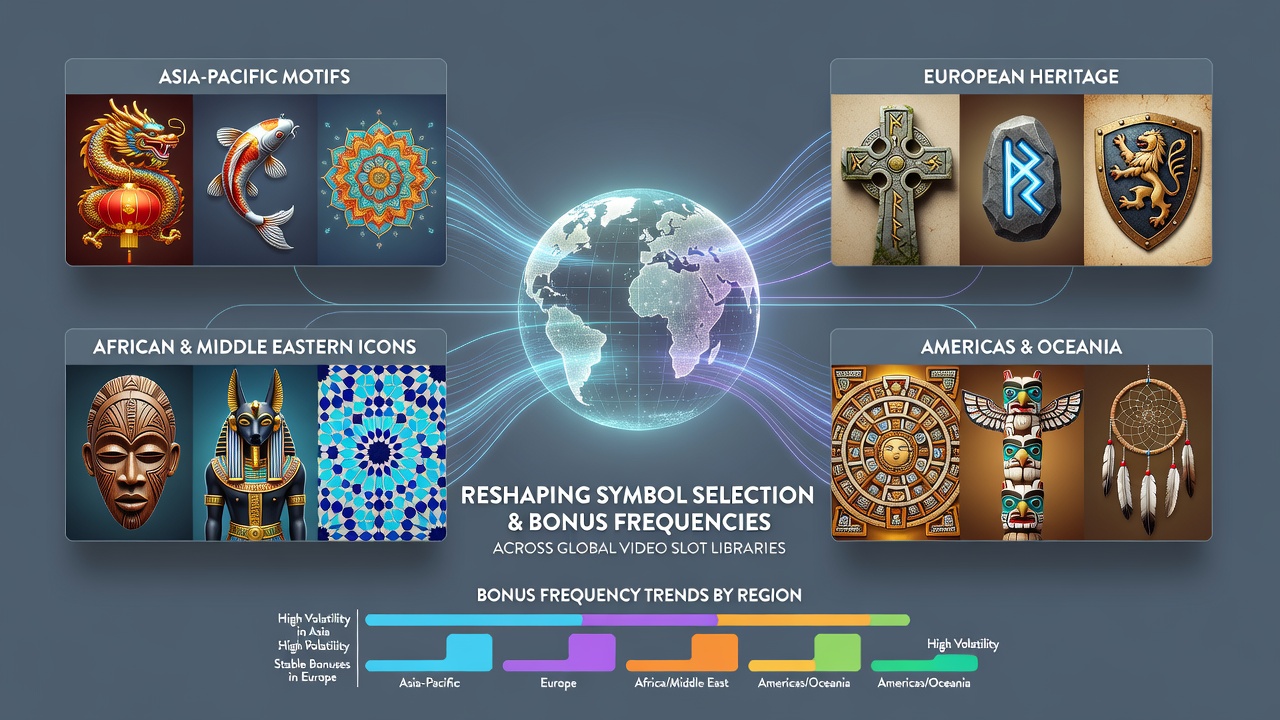 Diverse cultural symbols integrated into video slot reels from various global regions