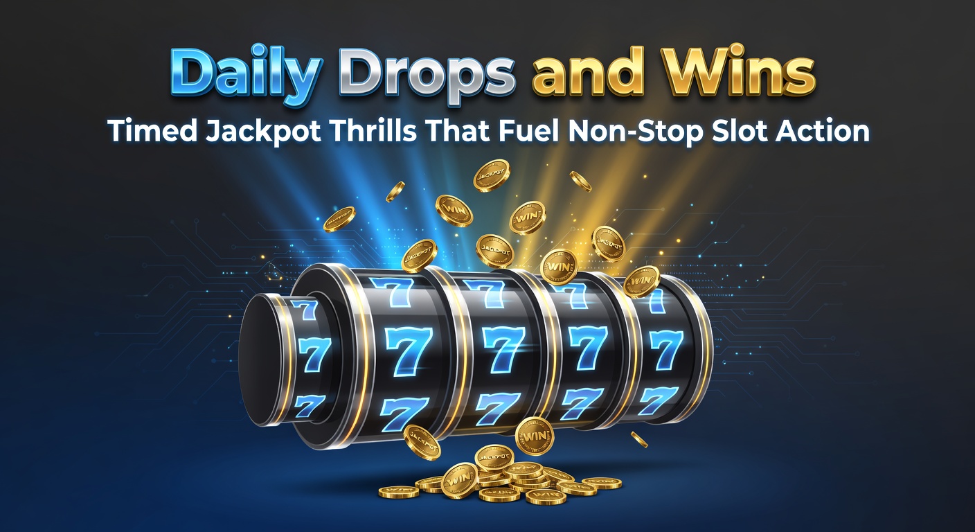 Vibrant slot screen displaying a ticking daily drop jackpot counter with cascading coins and excited player interface