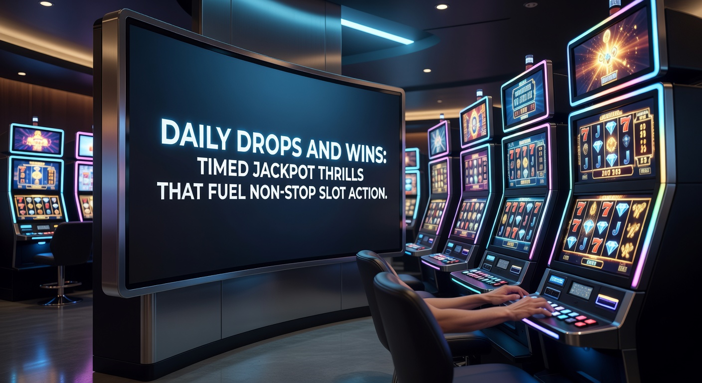 Close-up of mobile slot app with active daily wins notification, jackpot meter filling and timer at 00:12