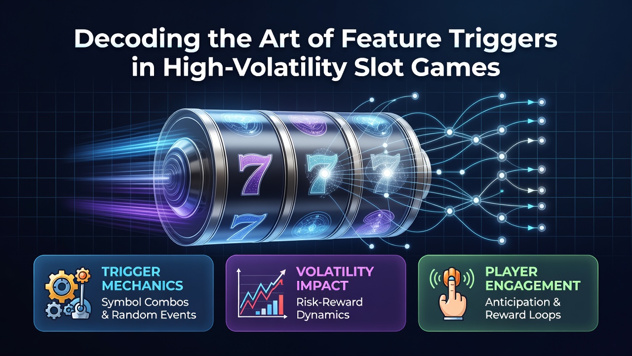 Screenshot example of a high-volatility slot interface highlighting active feature trigger symbols and meters