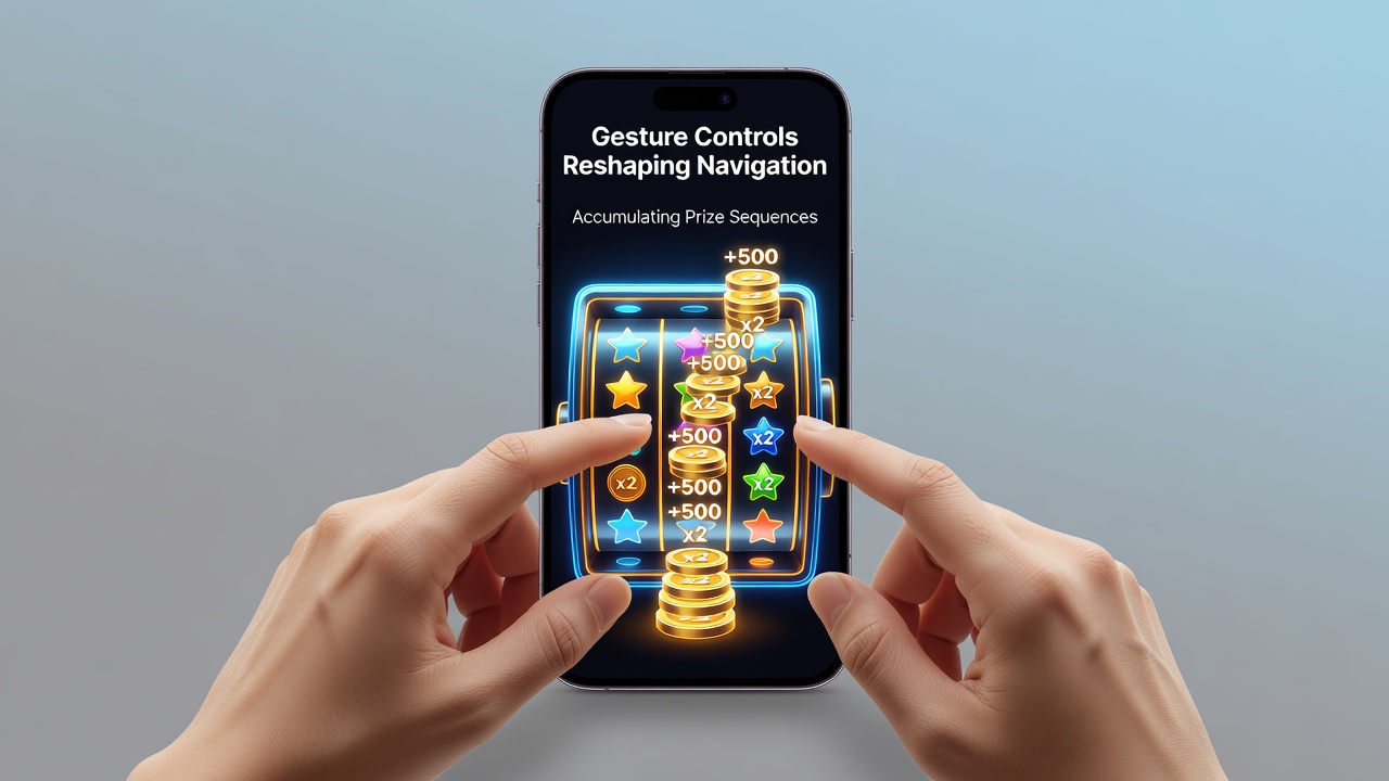 Close-up view of a portable screen showing gesture-activated prize sequence collection in a reel game