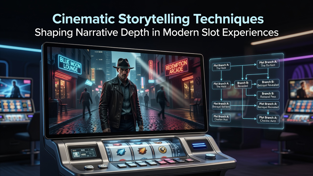 Cinematic visuals in a modern slot game interface showing dramatic lighting and character elements