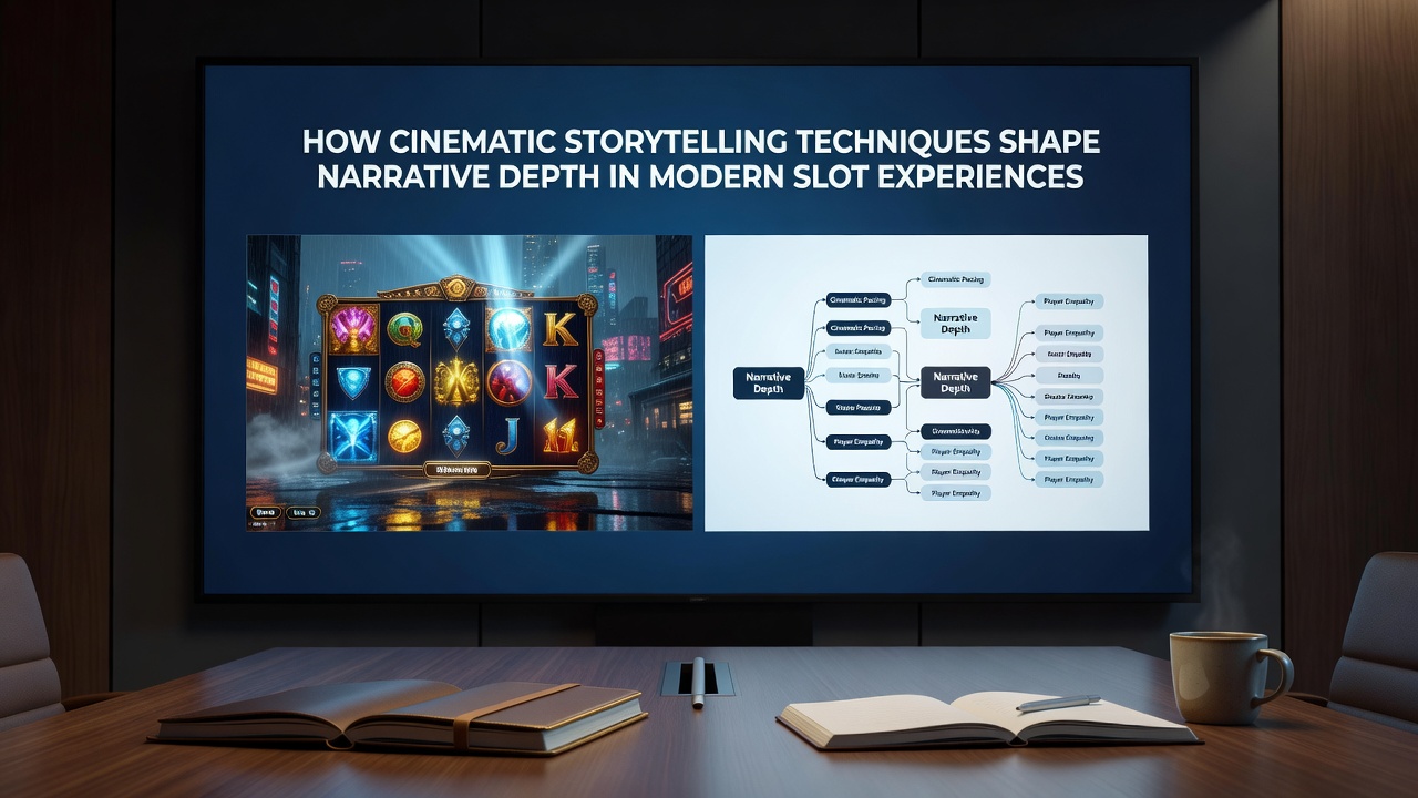 Detailed scene from a slot game featuring narrative elements like animated characters and story progression indicators
