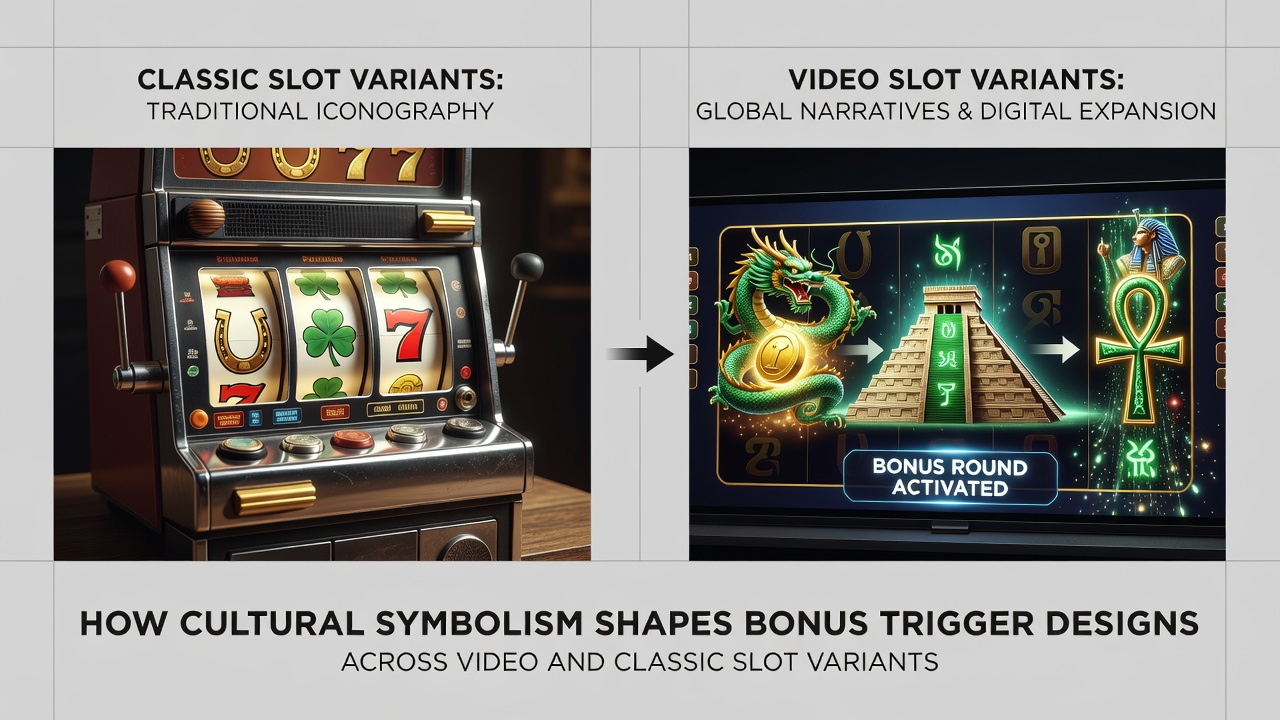 Diverse cultural symbols activating bonus rounds on video slot interfaces