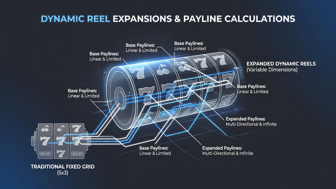 Close-up view of a slot reel mid-expansion with highlighted payline paths adjusting across variable symbol positions