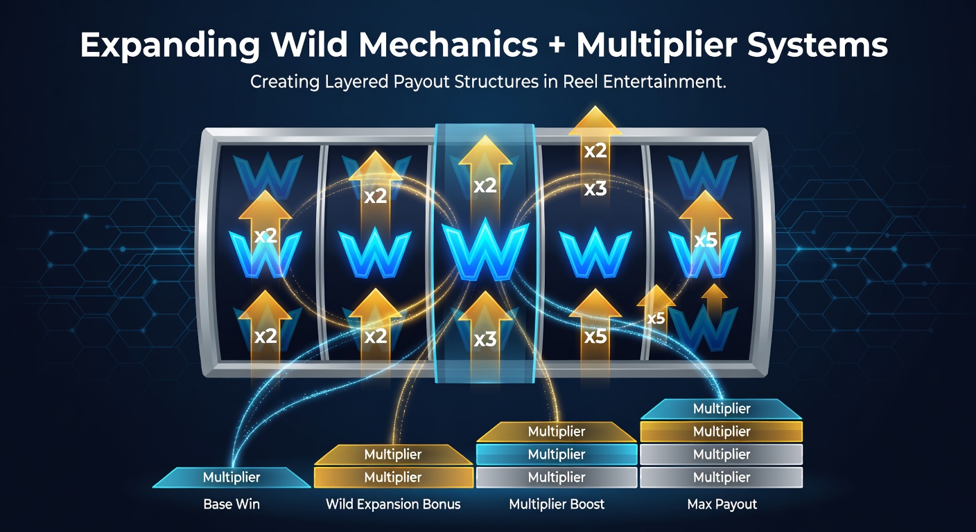 Expanding wild symbols covering multiple reels while multiplier values stack during a base game spin