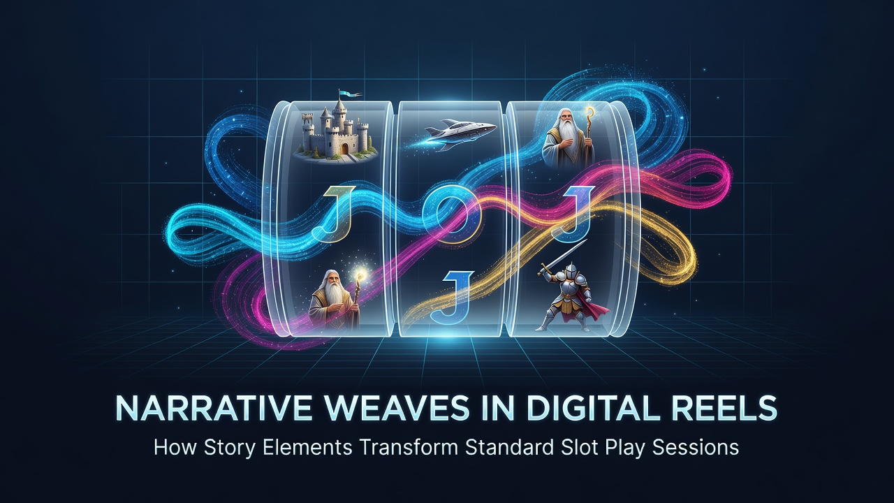 Digital slot interface displaying layered story panels alongside spinning reels