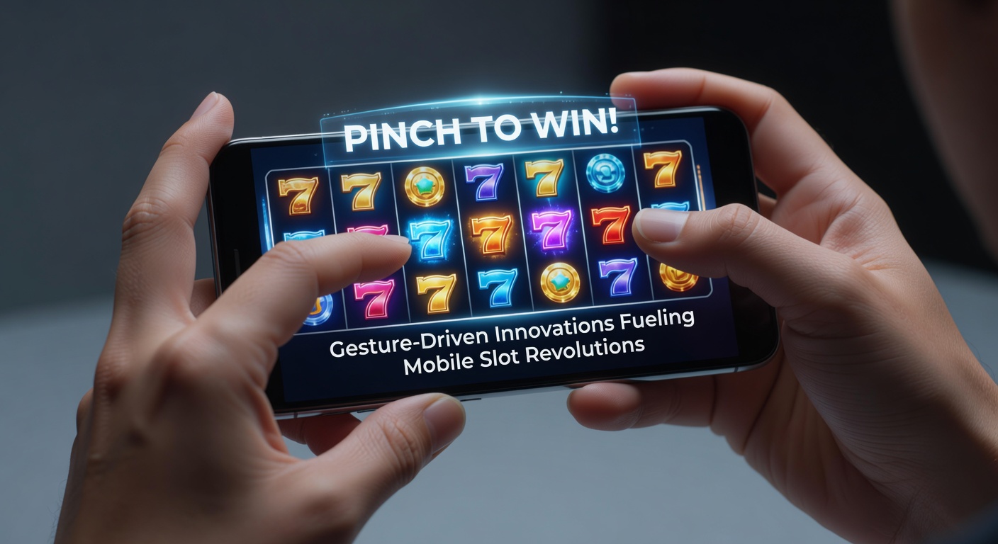 Smartphone screen displaying a vibrant mobile slot game where a player's fingers perform a pinch gesture to expand reels and reveal cascading wins
