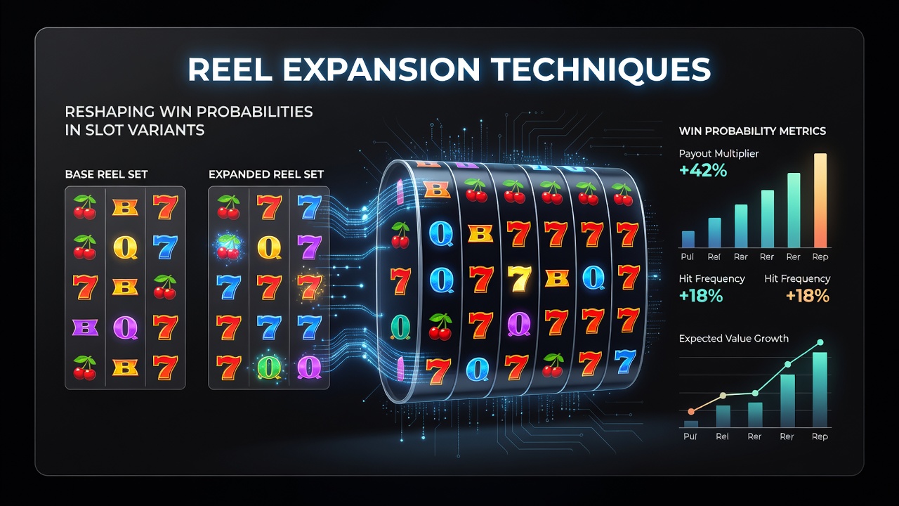 Diagram showing reel expansion mechanics in modern slot variants with dynamic reel heights and win probability indicators
