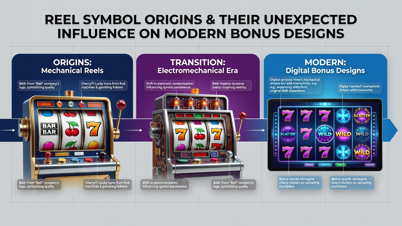 Historical slot machine reels displaying classic symbols like cherries, bars, and bells alongside modern digital interpretations