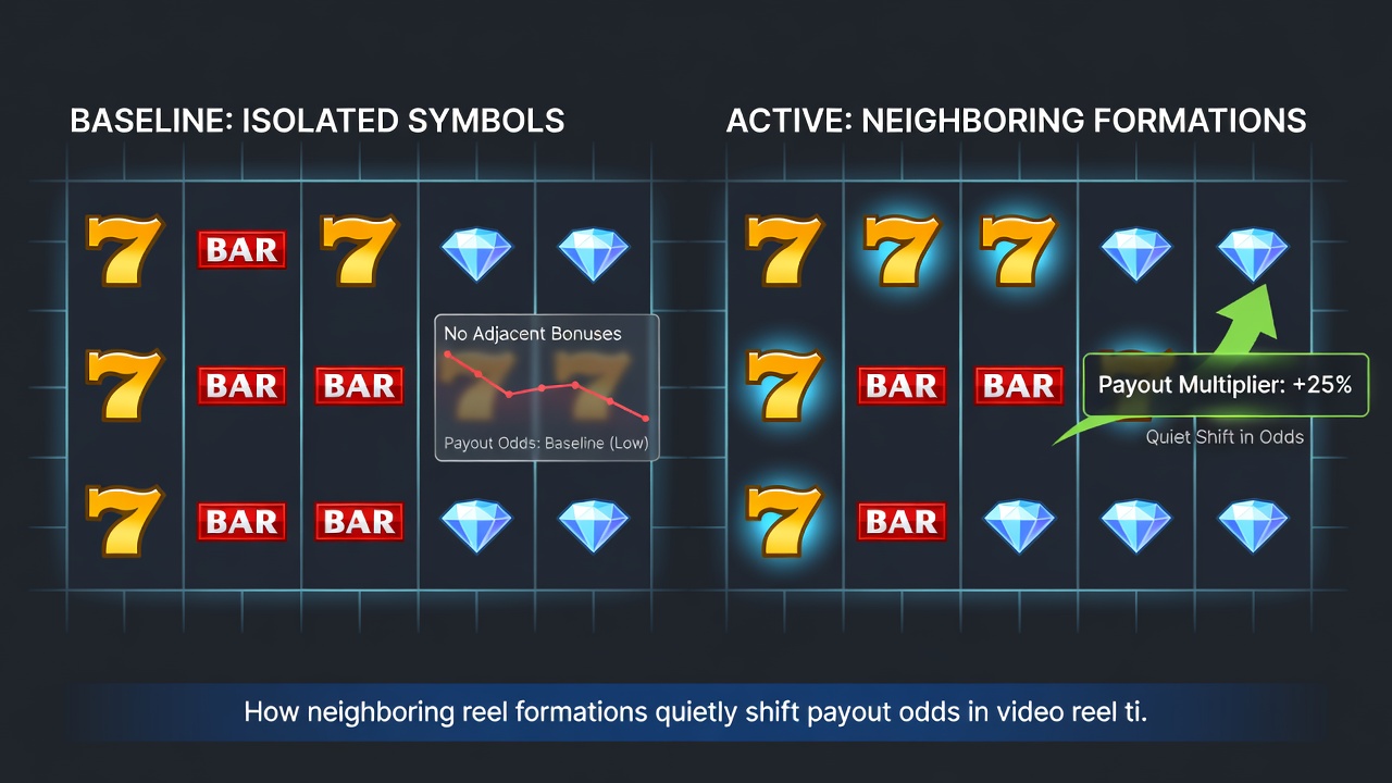 Close-up of slot interface highlighting adjacent reel symbol interactions and payout indicators