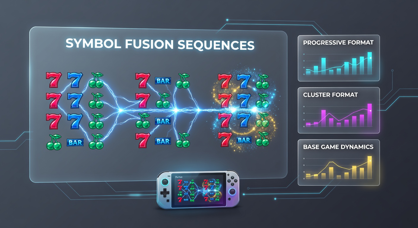 Mobile device screen showing cluster pay fusion sequence in progress with symbols merging mid-spin