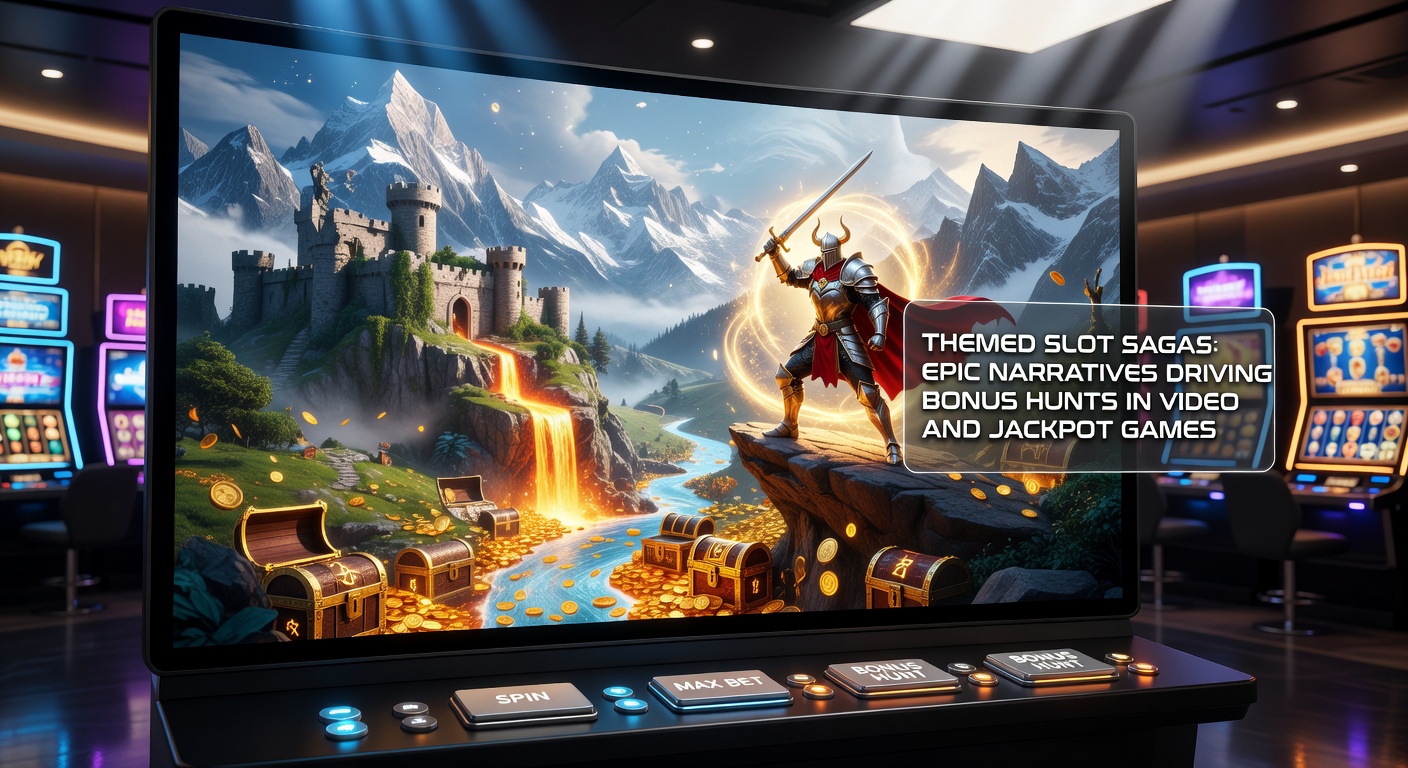 Dynamic image of a jackpot slot saga in action, showing narrative progression bars filling up during a bonus hunt with explosive multipliers and thematic symbols from a fantasy epic