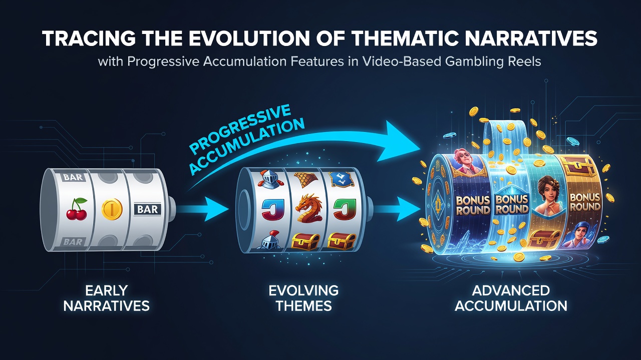 Early video slot reels displaying thematic symbols alongside accumulating progress meters in a classic casino setting