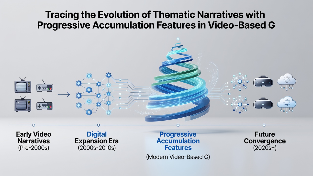 Modern video slot interface showing layered thematic narrative panels connected to progressive accumulation meters and symbol upgrades