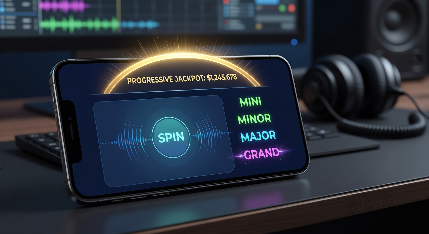 Close-up of smartphone showing audio waveform overlays and haptic response indicators during a progressive jackpot bonus round