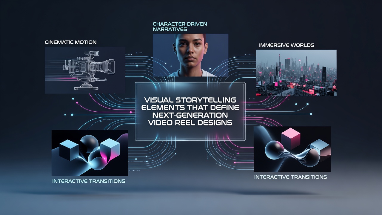 Dynamic composition showing layered visual elements in a modern video reel design including motion graphics and color grading